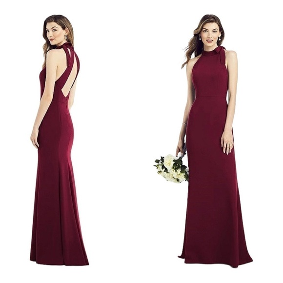 After Six Crepe Halter Formal Dress with Tie Neck in Cabernet Size 16 - Picture 1 of 5